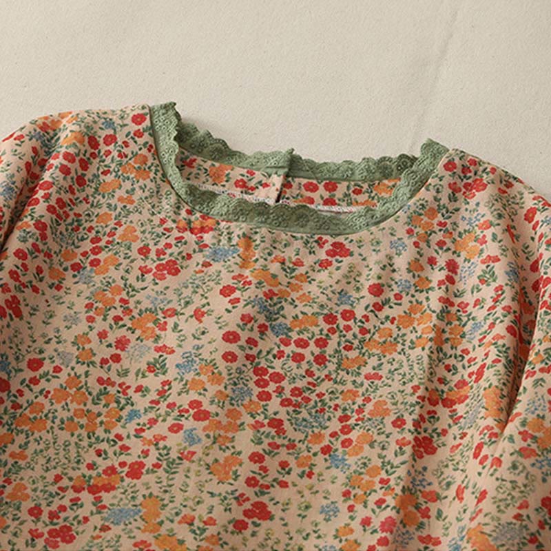 Buddha Stones Casual Floral Lace Crew Neck Balloon Long Sleeve Cotton Linen Midi Dress With Pockets - image 7