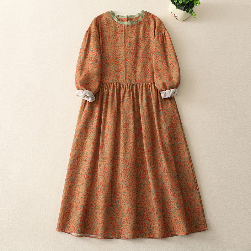 Buddha Stones Casual Floral Lace Crew Neck Balloon Long Sleeve Cotton Linen Midi Dress With Pockets - DarkOrange - US8-10,UK/AU12-14,EU40-42 (2XL) - image 1