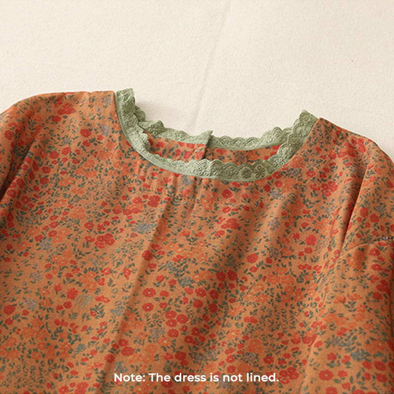 Buddha Stones Casual Floral Lace Crew Neck Balloon Long Sleeve Cotton Linen Midi Dress With Pockets - image 2