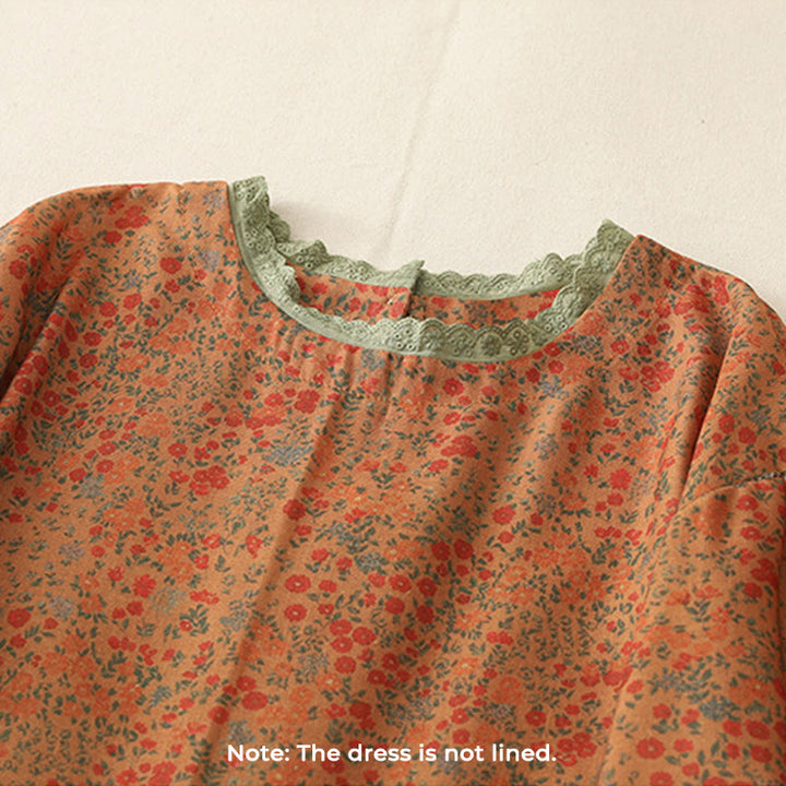 Buddha Stones Casual Floral Lace Crew Neck Balloon Long Sleeve Cotton Linen Midi Dress With Pockets - image 2