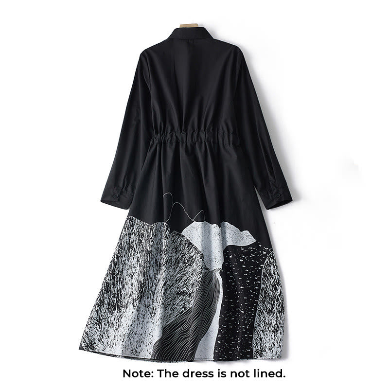 Buddha Stones Printing Irregular Lines Long Sleeve Lace-up Lapel Cotton Midi Dress With Pockets - image 2