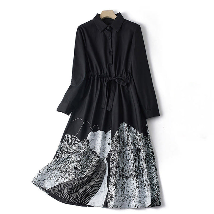 Buddha Stones Printing Irregular Lines Long Sleeve Lace-up Lapel Cotton Midi Dress With Pockets - Black - US8-10,UK/AU12-14,EU40-42 (2XL) - image 1