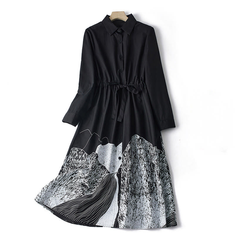 Buddha Stones Printing Irregular Lines Long Sleeve Lace-up Lapel Cotton Midi Dress With Pockets - Black - US8-10,UK/AU12-14,EU40-42 (2XL) - image 1