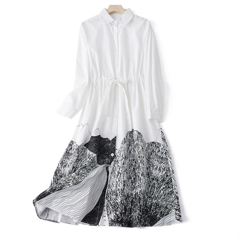 Buddha Stones Printing Irregular Lines Long Sleeve Lace-up Lapel Cotton Midi Dress With Pockets - White - US8-10,UK/AU12-14,EU40-42 (2XL) - image 10