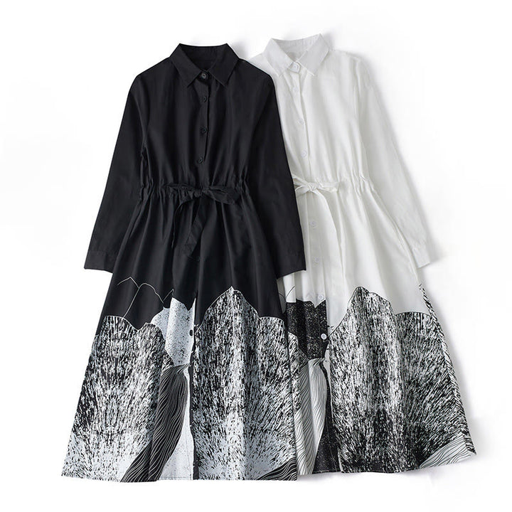 Buddha Stones Printing Irregular Lines Long Sleeve Lace-up Lapel Cotton Midi Dress With Pockets - image 16