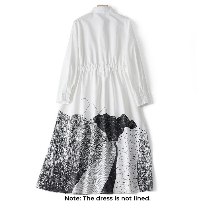 Buddha Stones Printing Irregular Lines Long Sleeve Lace-up Lapel Cotton Midi Dress With Pockets - image 11