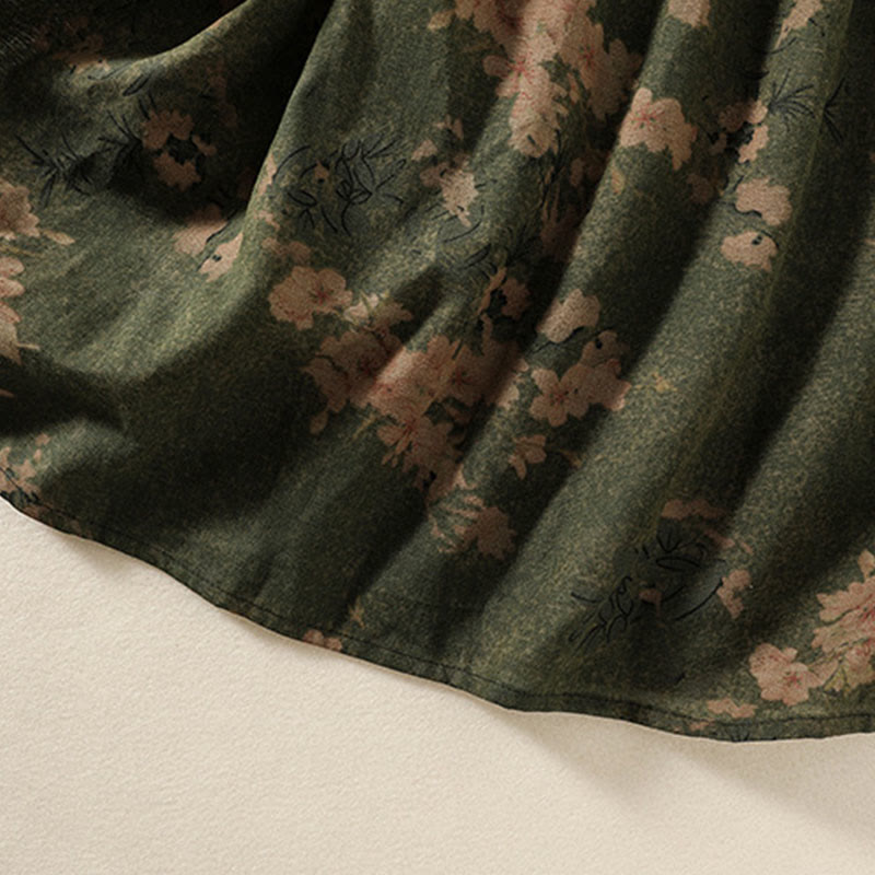 Buddha Stones Printing Drawstring Frog-Button Cotton Linen Long Sleeve Midi Dress With Pockets - image 8