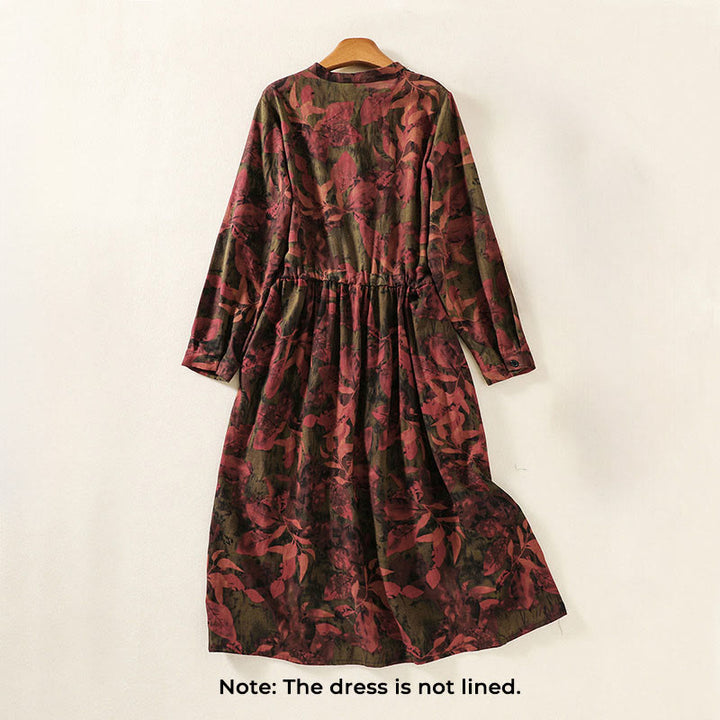 Buddha Stones Printing Drawstring Frog-Button Cotton Linen Long Sleeve Midi Dress With Pockets - image 10