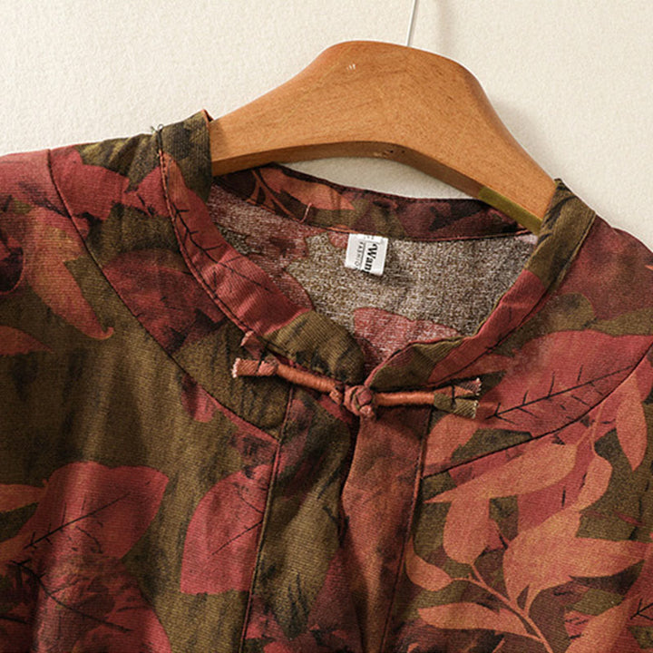 Buddha Stones Printing Drawstring Frog-Button Cotton Linen Long Sleeve Midi Dress With Pockets - image 11