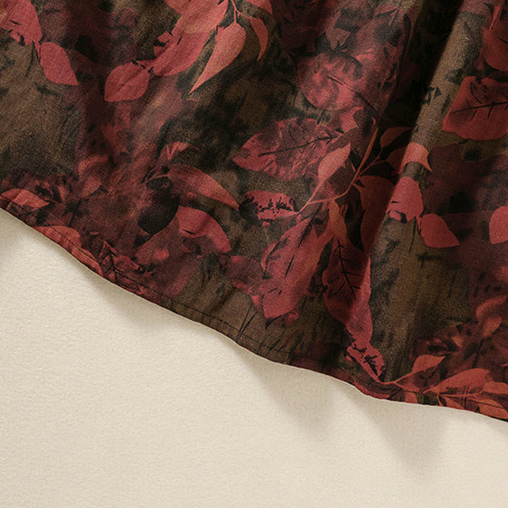 Buddha Stones Printing Drawstring Frog-Button Cotton Linen Long Sleeve Midi Dress With Pockets - image 19