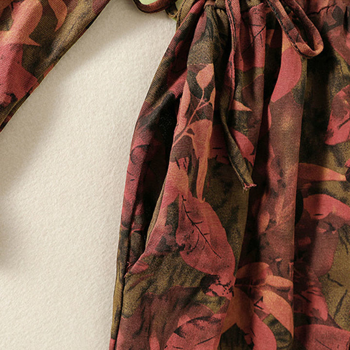 Buddha Stones Printing Drawstring Frog-Button Cotton Linen Long Sleeve Midi Dress With Pockets - image 16