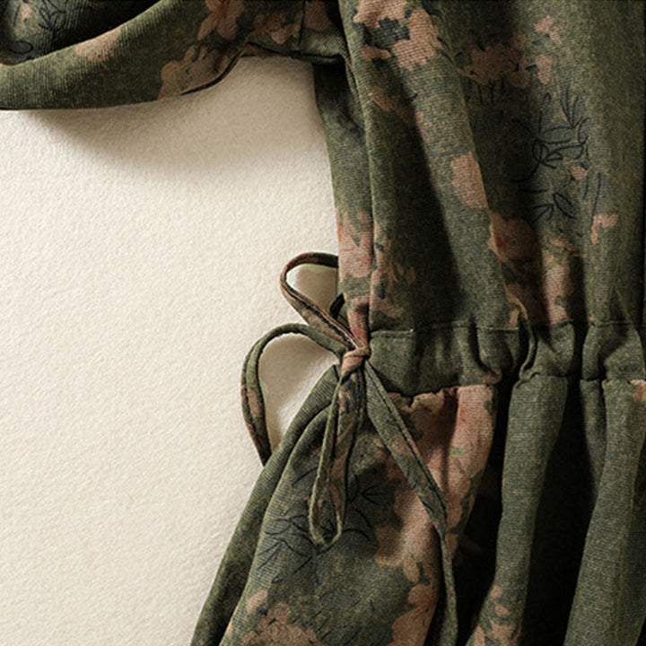 Buddha Stones Printing Drawstring Frog-Button Cotton Linen Long Sleeve Midi Dress With Pockets - image 6