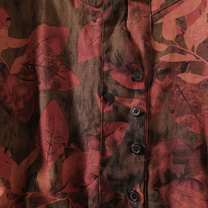 Buddha Stones Printing Drawstring Frog-Button Cotton Linen Long Sleeve Midi Dress With Pockets - image 14