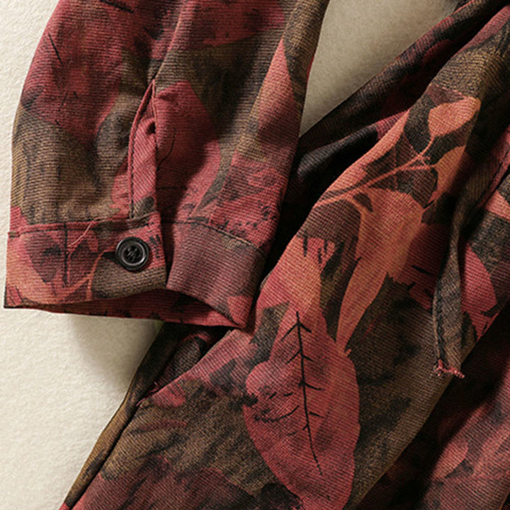 Buddha Stones Printing Drawstring Frog-Button Cotton Linen Long Sleeve Midi Dress With Pockets - image 15