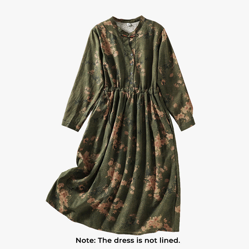 Buddha Stones Printing Drawstring Frog-Button Cotton Linen Long Sleeve Midi Dress With Pockets - image 2