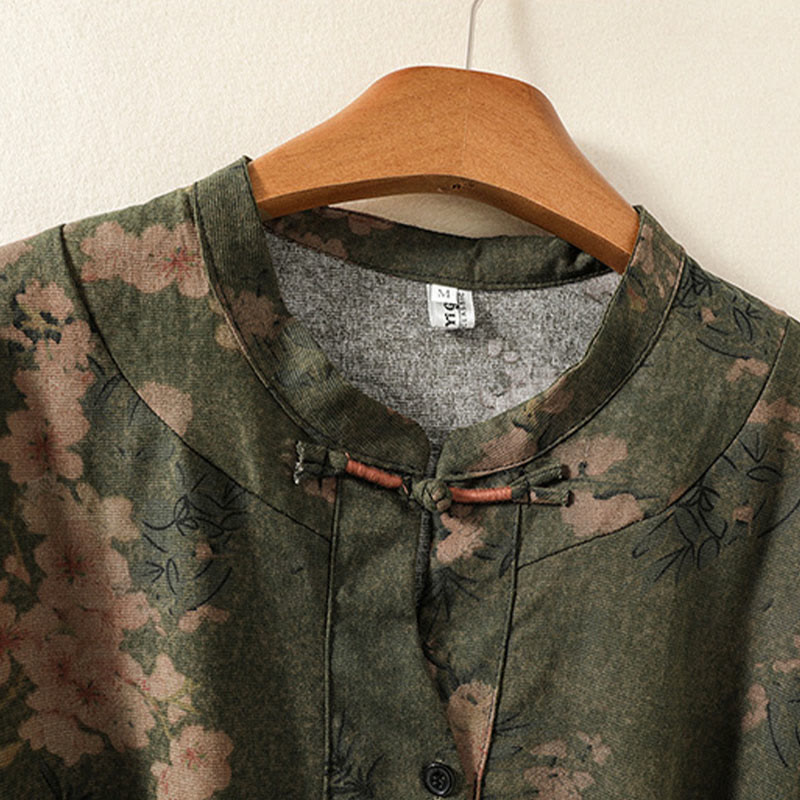 Buddha Stones Printing Drawstring Frog-Button Cotton Linen Long Sleeve Midi Dress With Pockets - image 3