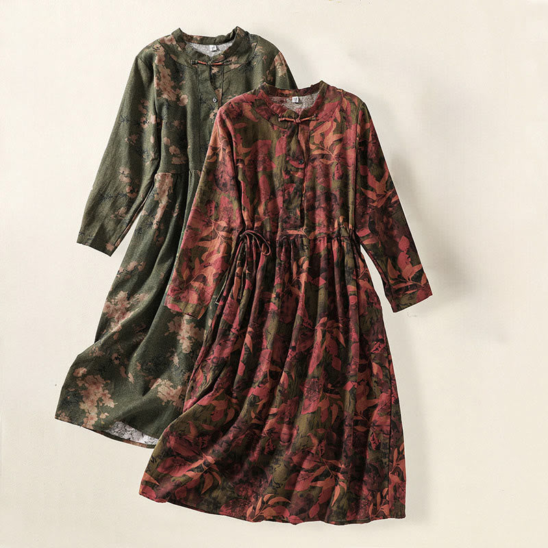 Buddha Stones Printing Drawstring Frog-Button Cotton Linen Long Sleeve Midi Dress With Pockets - image 20