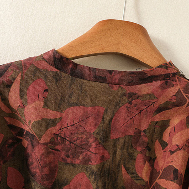 Buddha Stones Printing Drawstring Frog-Button Cotton Linen Long Sleeve Midi Dress With Pockets - image 12