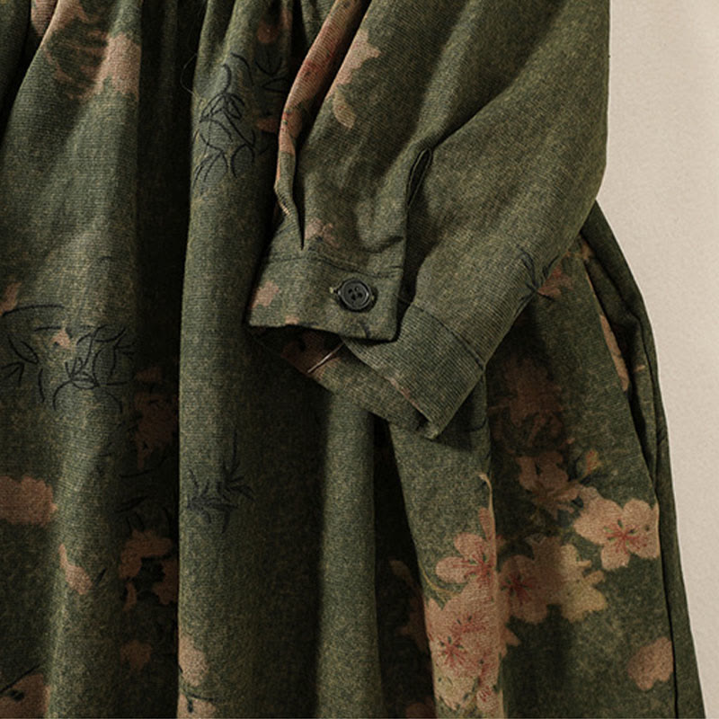 Buddha Stones Printing Drawstring Frog-Button Cotton Linen Long Sleeve Midi Dress With Pockets - image 7