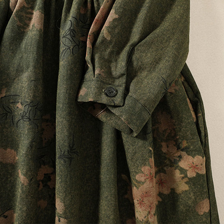 Buddha Stones Printing Drawstring Frog-Button Cotton Linen Long Sleeve Midi Dress With Pockets - image 7