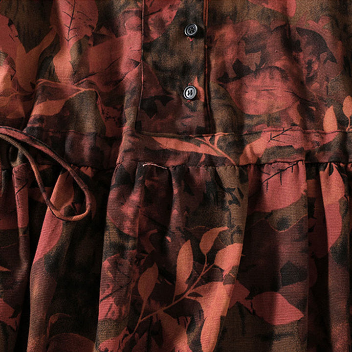 Buddha Stones Printing Drawstring Frog-Button Cotton Linen Long Sleeve Midi Dress With Pockets - image 13