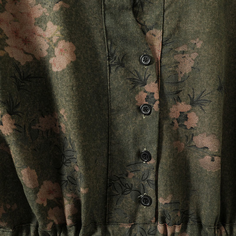 Buddha Stones Printing Drawstring Frog-Button Cotton Linen Long Sleeve Midi Dress With Pockets - image 4