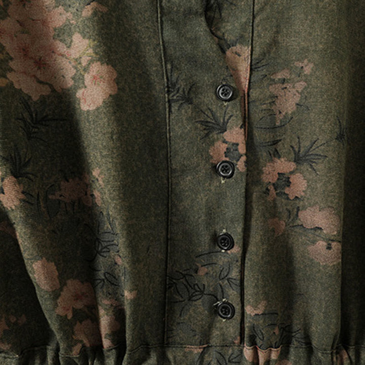 Buddha Stones Printing Drawstring Frog-Button Cotton Linen Long Sleeve Midi Dress With Pockets - image 4