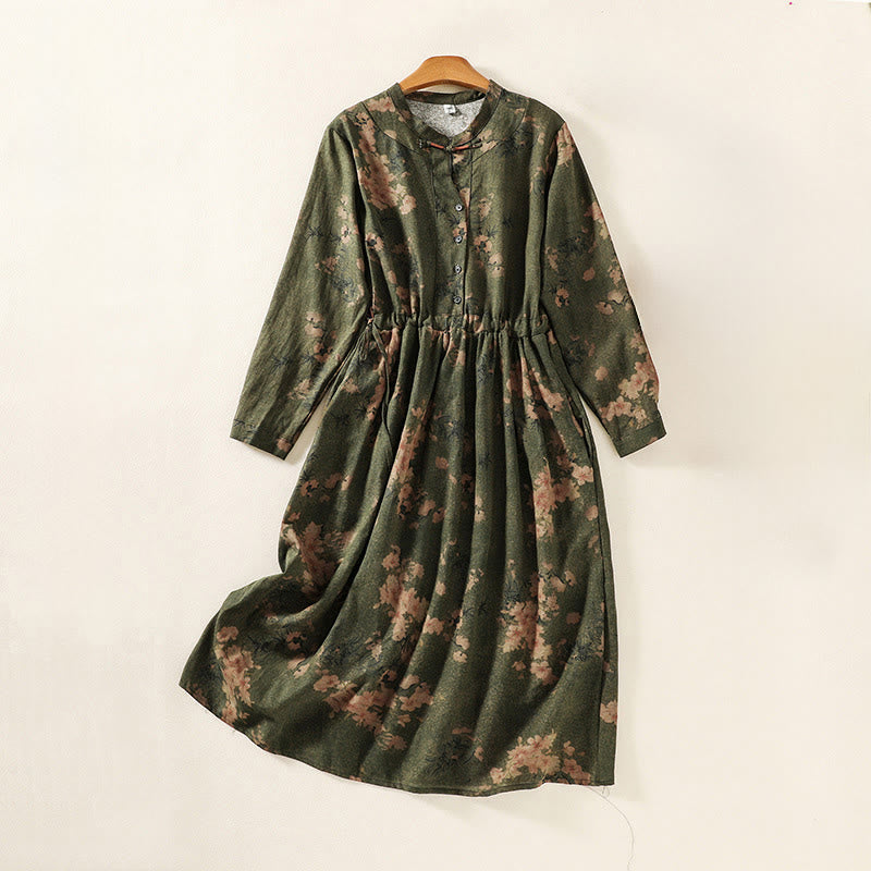 Buddha Stones Printing Drawstring Frog-Button Cotton Linen Long Sleeve Midi Dress With Pockets - DarkOliveGreen - US8-10,UK/AU12-14,EU40-42 (2XL) - image 1