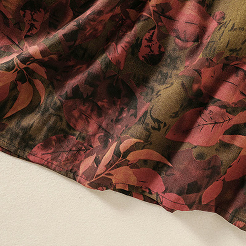 Buddha Stones Printing Drawstring Frog-Button Cotton Linen Long Sleeve Midi Dress With Pockets - image 18