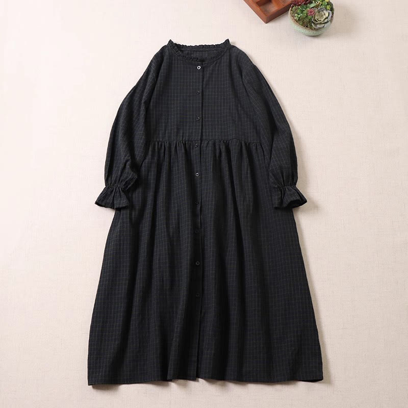 Buddha Stones Long Sleeve Plaid Simple Buttons Ruffled Design Cotton Linen Midi Dress With Pockets - Black DarkGreen Plaid - US8-10,UK/AU12-14,EU40-42 (2XL) - image 0