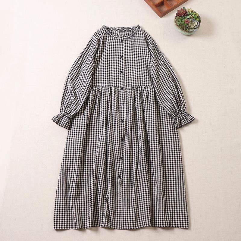 Buddha Stones Long Sleeve Plaid Simple Buttons Ruffled Design Cotton Linen Midi Dress With Pockets - Black White Plaid - US8-10,UK/AU12-14,EU40-42 (2XL) - image 6