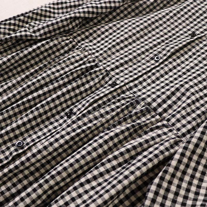 Buddha Stones Long Sleeve Plaid Simple Buttons Ruffled Design Cotton Linen Midi Dress With Pockets - image 14