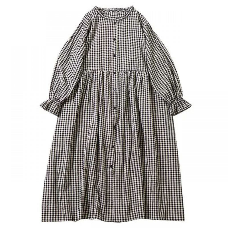Buddha Stones Long Sleeve Plaid Simple Buttons Ruffled Design Cotton Linen Midi Dress With Pockets - image 19