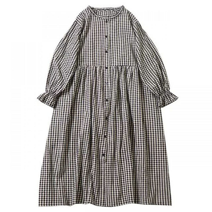 Buddha Stones Long Sleeve Plaid Simple Buttons Ruffled Design Cotton Linen Midi Dress With Pockets - image 19