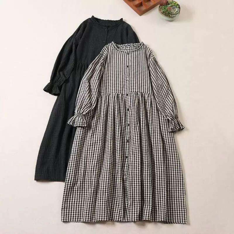 Buddha Stones Long Sleeve Plaid Simple Buttons Ruffled Design Cotton Linen Midi Dress With Pockets - image 20