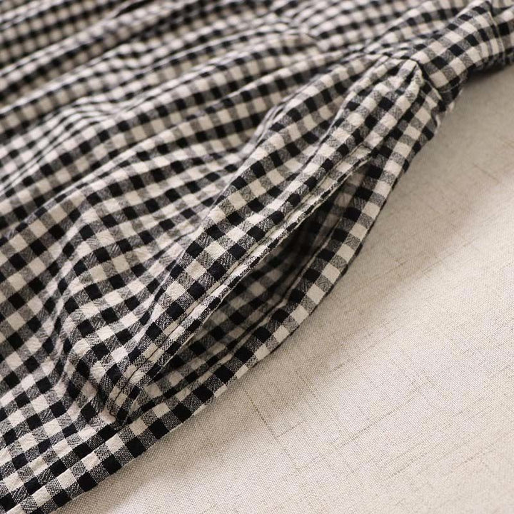 Buddha Stones Long Sleeve Plaid Simple Buttons Ruffled Design Cotton Linen Midi Dress With Pockets - image 18