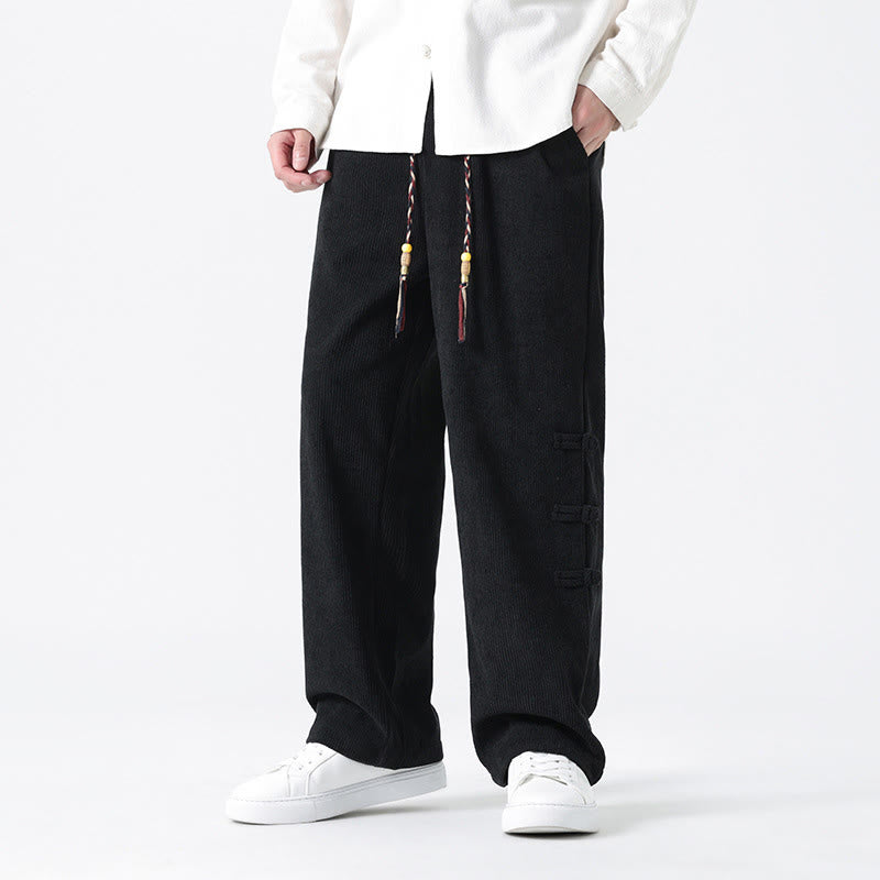 Buddha Stones Plain Chinese Frog-Button Design Drawstring Men's Corduroy Pants With Pockets - Black - US/UK/AU48,EU58(5XL) - image 12