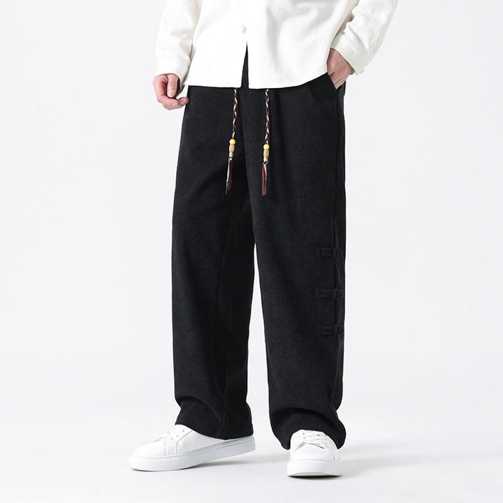 Buddha Stones Plain Chinese Frog-Button Design Drawstring Men's Corduroy Pants With Pockets - Black - US/UK/AU48,EU58(5XL) - image 12
