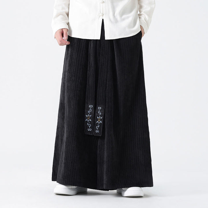 Buddha Stones Casual Embroidery Drawstring Design Men's Corduroy Wide Leg Pants With Pockets - Black - US/UK/AU50,EU60 (5XL) - image 13