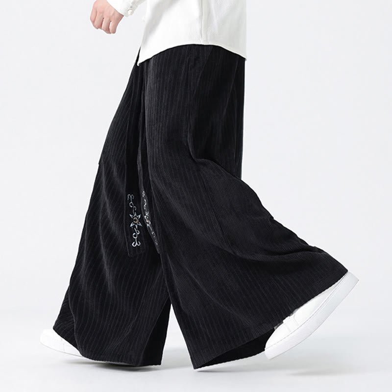 Buddha Stones Casual Embroidery Drawstring Design Men's Corduroy Wide Leg Pants With Pockets - image 15