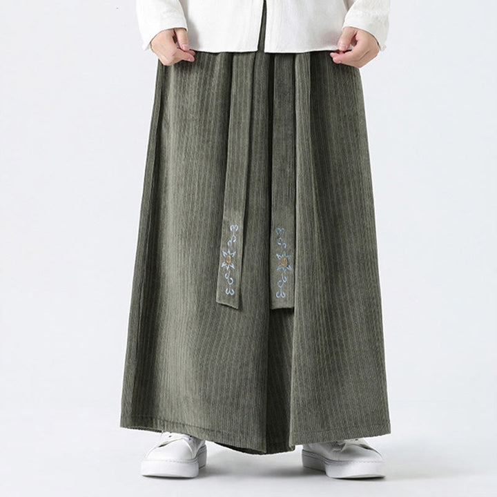 Buddha Stones Casual Embroidery Drawstring Design Men's Corduroy Wide Leg Pants With Pockets - image 5