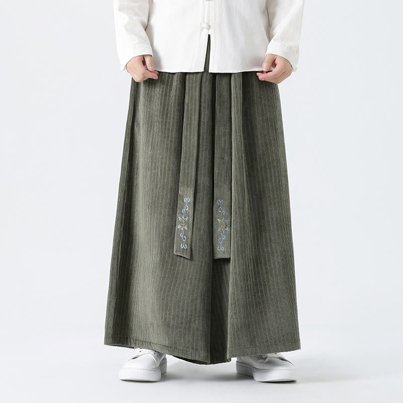 Buddha Stones Casual Embroidery Drawstring Design Men's Corduroy Wide Leg Pants With Pockets - image 9