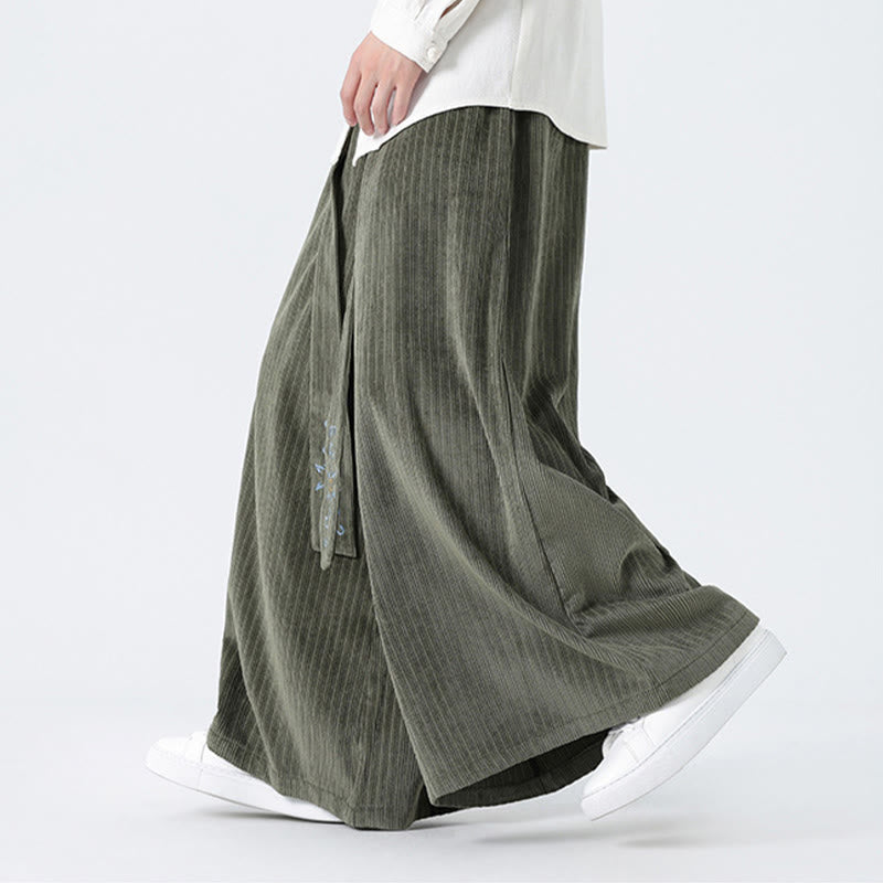 Buddha Stones Casual Embroidery Drawstring Design Men's Corduroy Wide Leg Pants With Pockets - image 2