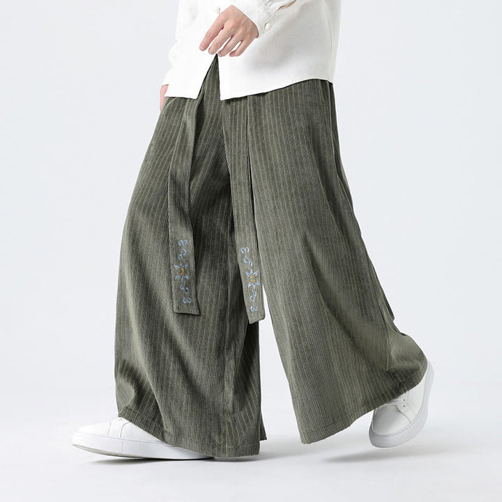 Buddha Stones Casual Embroidery Drawstring Design Men's Corduroy Wide Leg Pants With Pockets - DarkSeaGreen - US/UK/AU50,EU60 (5XL) - image 1