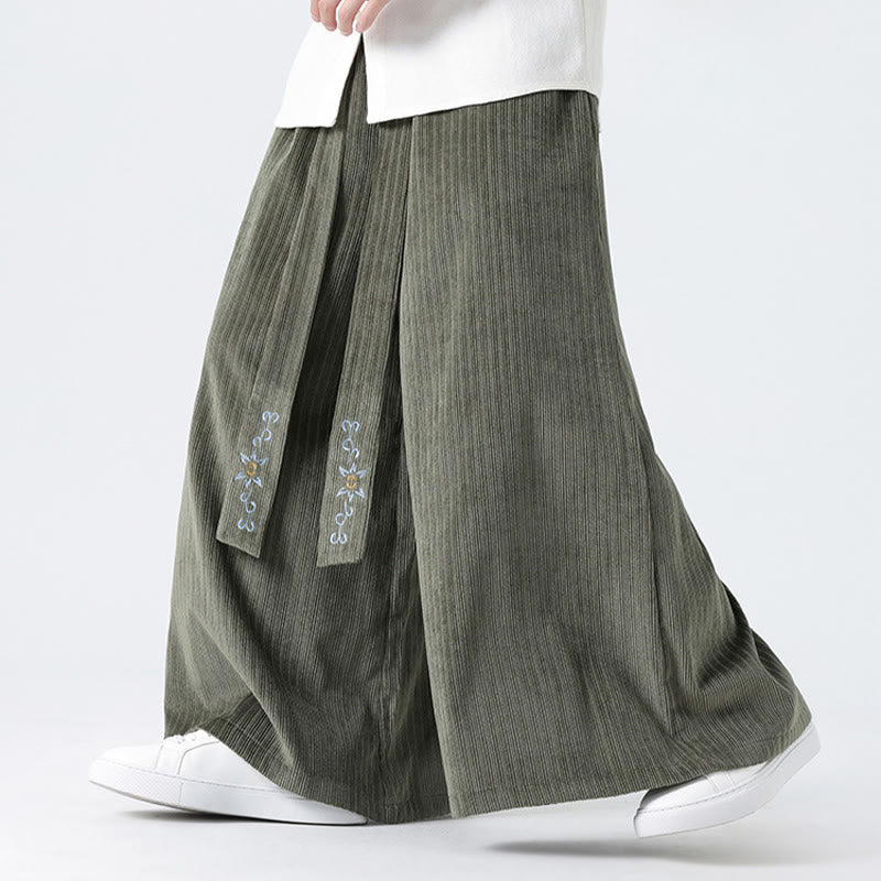 Buddha Stones Casual Embroidery Drawstring Design Men's Corduroy Wide Leg Pants With Pockets - image 11