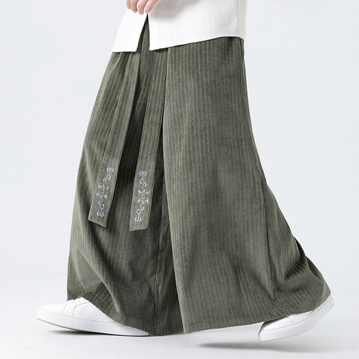 Buddha Stones Casual Embroidery Drawstring Design Men's Corduroy Wide Leg Pants With Pockets - image 11