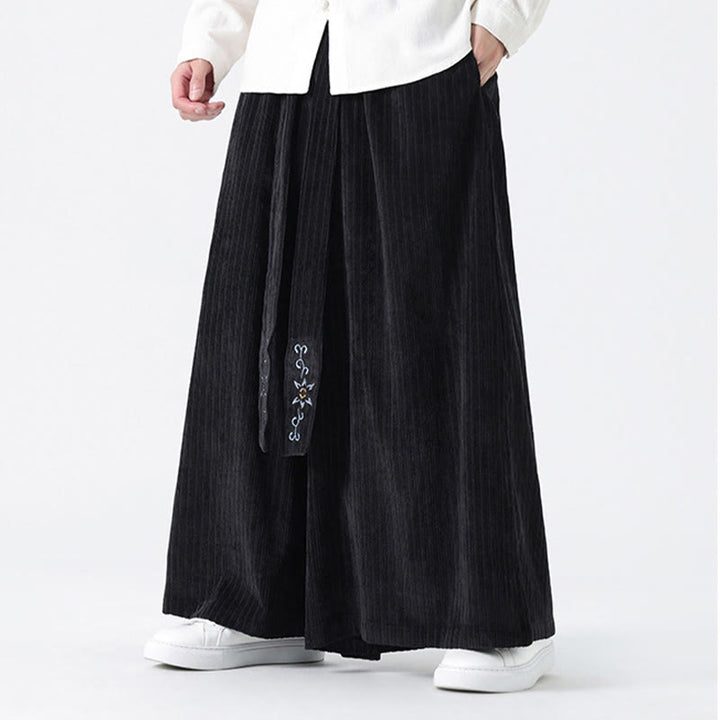 Buddha Stones Casual Embroidery Drawstring Design Men's Corduroy Wide Leg Pants With Pockets - image 19