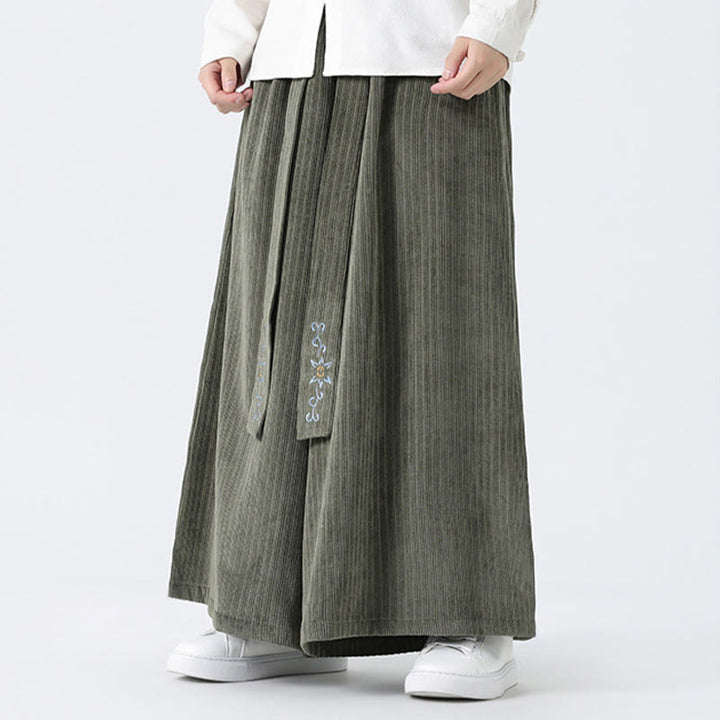Buddha Stones Casual Embroidery Drawstring Design Men's Corduroy Wide Leg Pants With Pockets - image 7