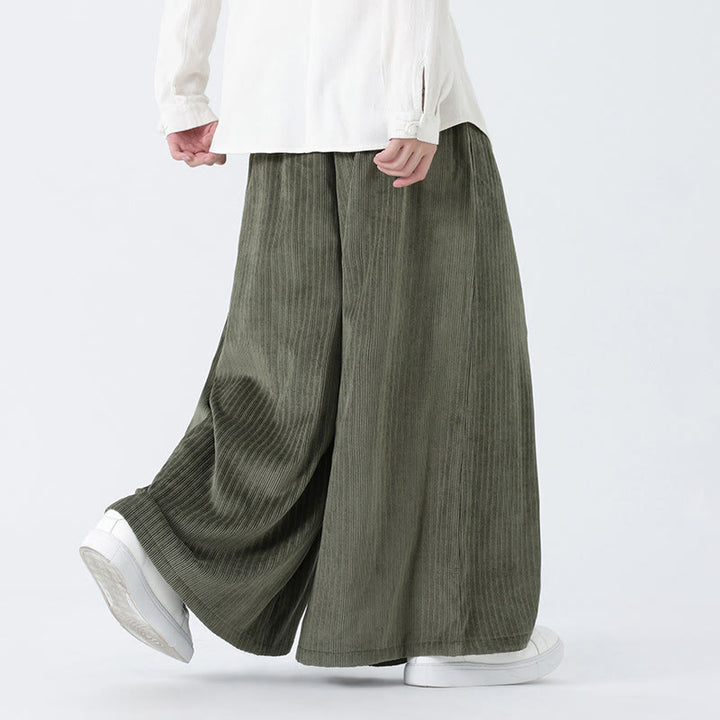 Buddha Stones Casual Embroidery Drawstring Design Men's Corduroy Wide Leg Pants With Pockets - image 3