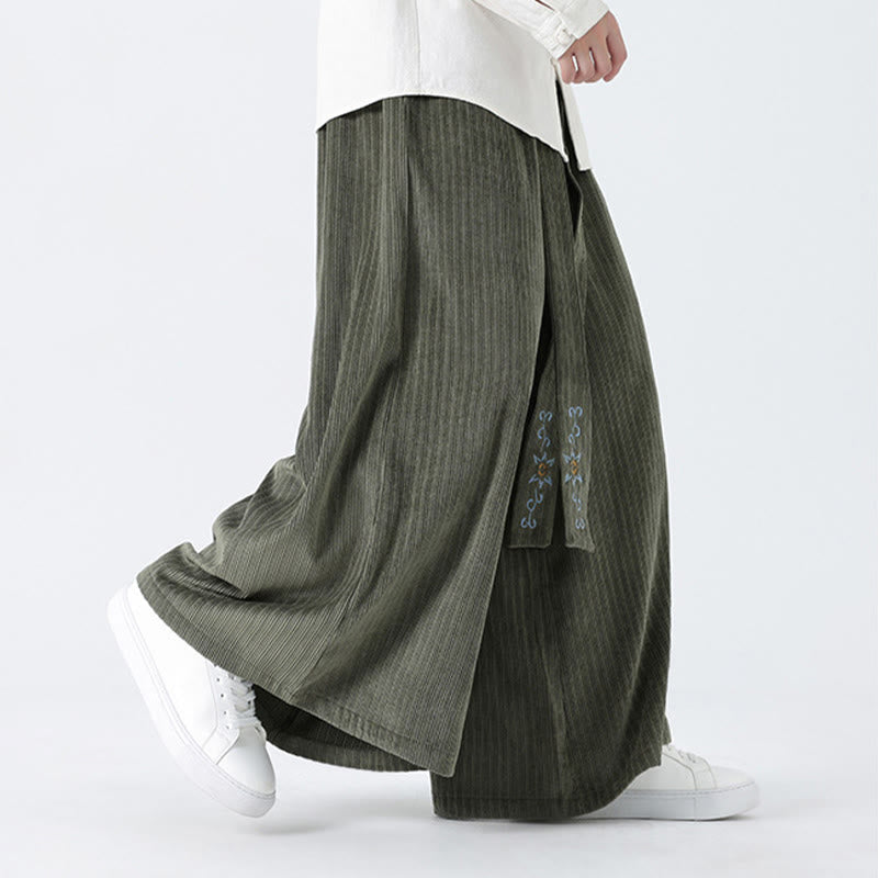 Buddha Stones Casual Embroidery Drawstring Design Men's Corduroy Wide Leg Pants With Pockets - image 6